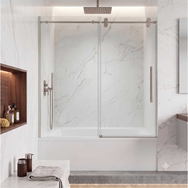 Segovia Frameless Single Sliding Tub Door W60" x H78",Ultra Clear 3/8" Glass, Brushed Nickel Hardware