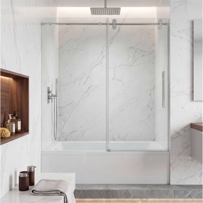 Segovia Frameless Single Sliding Bathtub Shower Door W60" x H66",Ultra Clear 3/8" Glass, Chrome Hardware