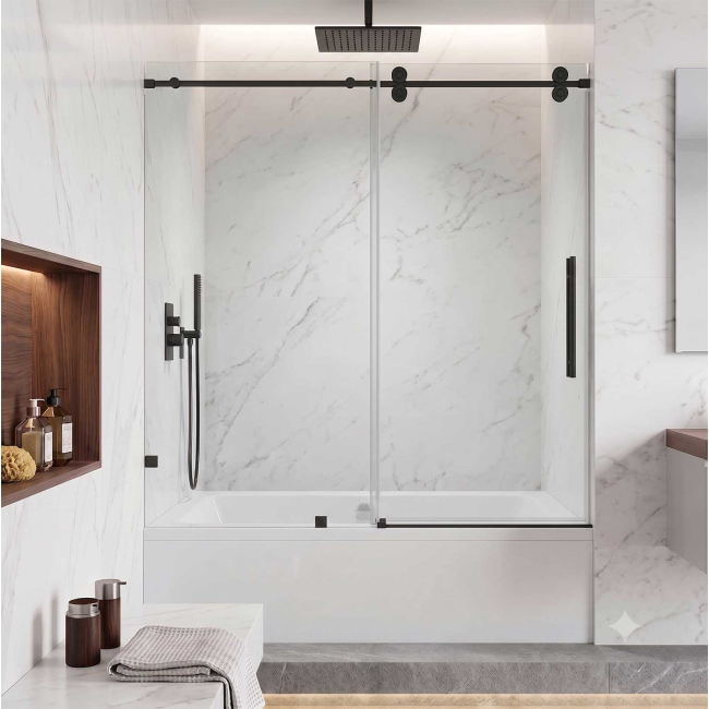 Segovia Frameless Single Sliding Tub Door W60" x H78",Ultra Clear 3/8" Glass, Matte Black Hardware