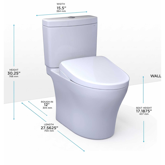 TOTO Aquia IV 0.9 / 1.28 GPF Dual Flush Two Piece Elongated Chair Height Toilet with Washlet+ S7A Auto Open / Flush Bidet Seat and Push Button Flush
