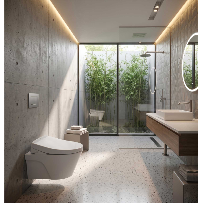 TOTO AP Wall-Hung 0.9 / 1.28 GPF Dual Flush Elongated Chair Height Toilet with Washlet+ S7A Bidet Seat, Duo-Fit Tank System, and Actuator Plate Flush