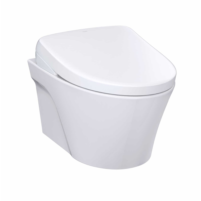 TOTO AP Wall-Hung 0.9 / 1.28 GPF Dual Flush Elongated Chair Height Toilet with Washlet+ S7 Bidet Seat in Cotton White, Duo-Fit Tank System, and Matte Silver Push Plate Flush
