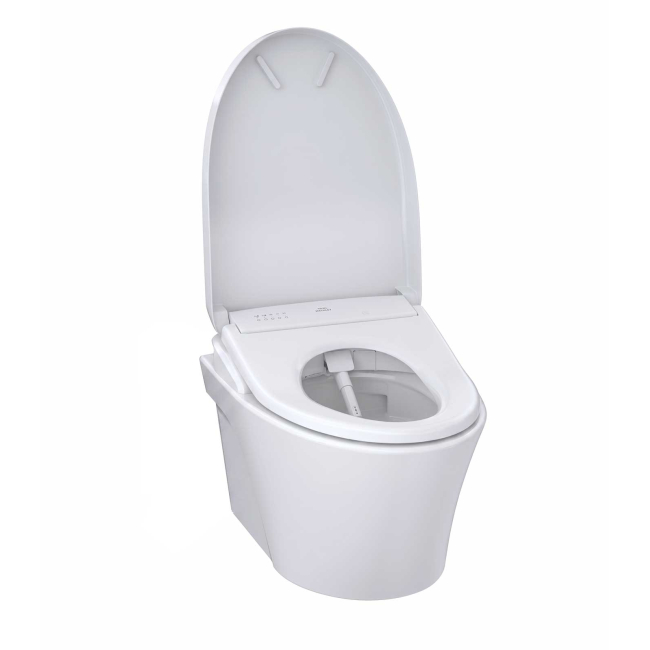 TOTO AP Wall-Hung 0.9 / 1.28 GPF Dual Flush Elongated Chair Height Toilet with Washlet+ S7 Bidet Seat in Cotton White, Duo-Fit Tank System, and Matte Silver Push Plate Flush