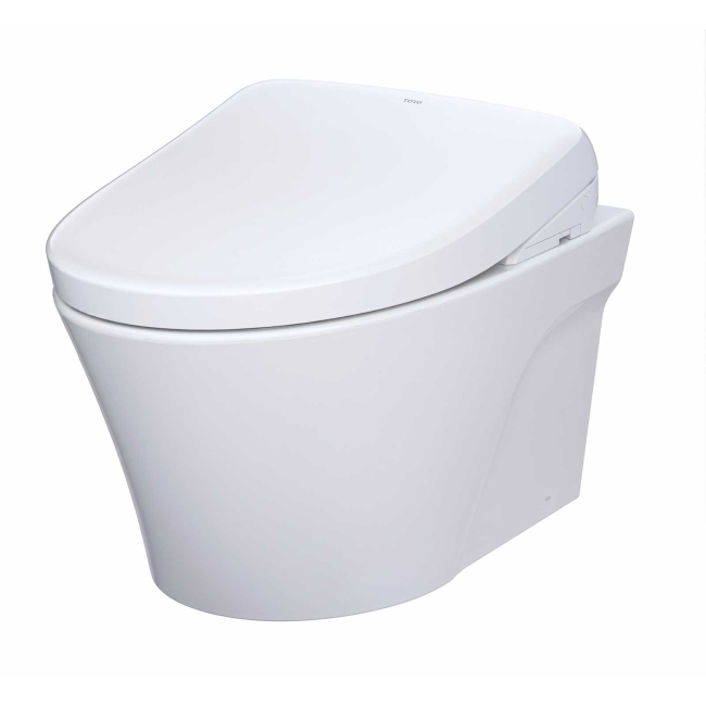 TOTO AP Wall-Hung 0.9 / 1.28 GPF Dual Flush Elongated Chair Height Toilet with Washlet+ S7 Bidet Seat in Cotton White, Duo-Fit Tank System, and Matte Silver Push Plate FlushTOTO AP Wall-Hung 0.9 / 1.28 GPF Dual Flush Elongated Chair Height Toilet with Washlet+ S7 Bidet Seat in Cotton White, Duo-Fit Tank System, and Matte Silver Push Plate Flush