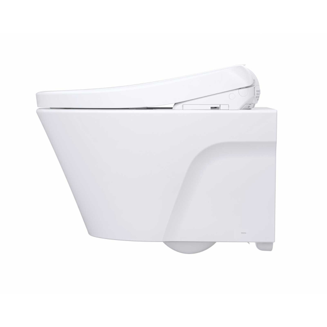 TOTO AP Wall-Hung 0.9 / 1.28 GPF Dual Flush Elongated Chair Height Toilet with Washlet+ S7 Bidet Seat in Cotton White, Duo-Fit Tank System, and Matte Silver Push Plate Flush