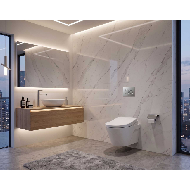 TOTO AP Wall-Hung 0.9 / 1.28 GPF Dual Flush Elongated Chair Height Toilet with Washlet+ S7 Bidet Seat in Cotton White, Duo-Fit Tank System, and Matte Silver Push Plate Flush