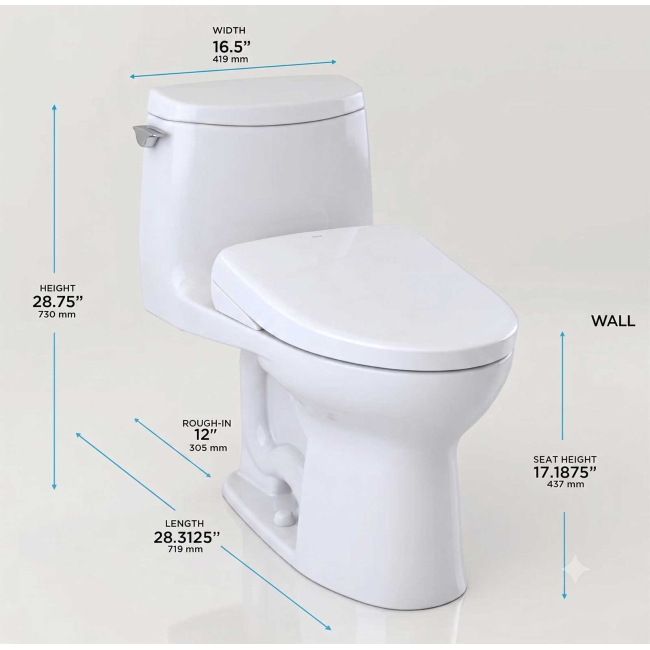 TOTO UltraMax II 1 GPF One Piece Elongated Chair Height Toilet with Washlet+ S7 Bidet Seat, Tornado Flush, CEFIONTECT Glaze, EWATER+, PREMIST, and Light