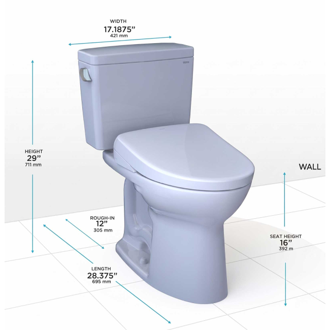 TOTO Drake 1.28 GPF Two Piece Elongated Toilet with Washlet+ S7 Heated Bidet Seat, Tornado Flush, CEFIONTECT Glaze, EWATER+, PREMIST, and Night Light