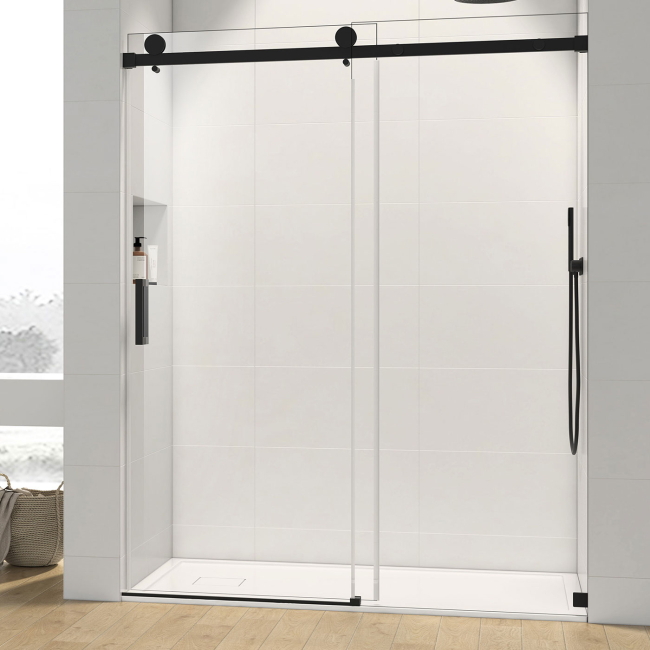 Signature Sliding Shower Door, W48" x H76",Matte Black,, 3/8"-thick Clear Glass