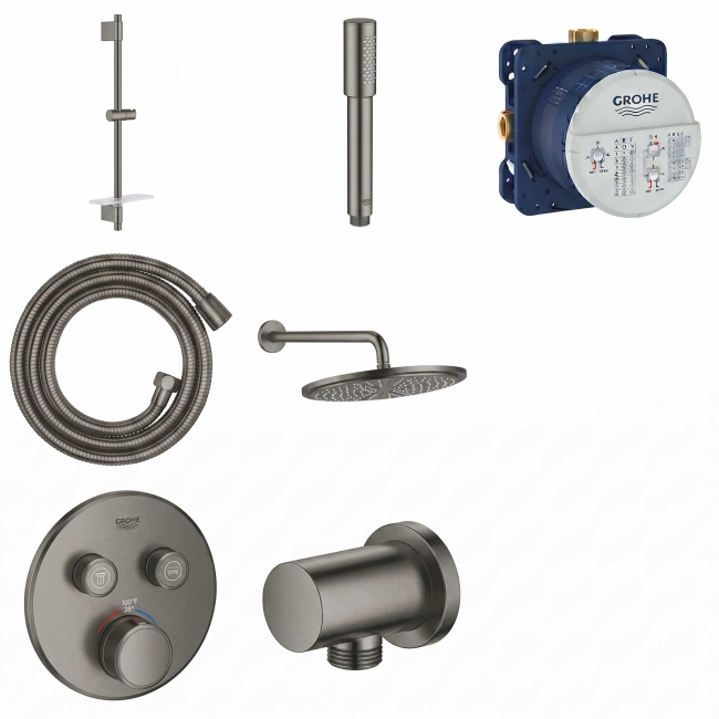 GROHE Grohtherm SmartControl Thermostatic 2 Way Shower System with   Shower Head, Hand Shower, Shower Arm, Wall Supply Elbow, Valve Trim, and Rough in Hard Graphite