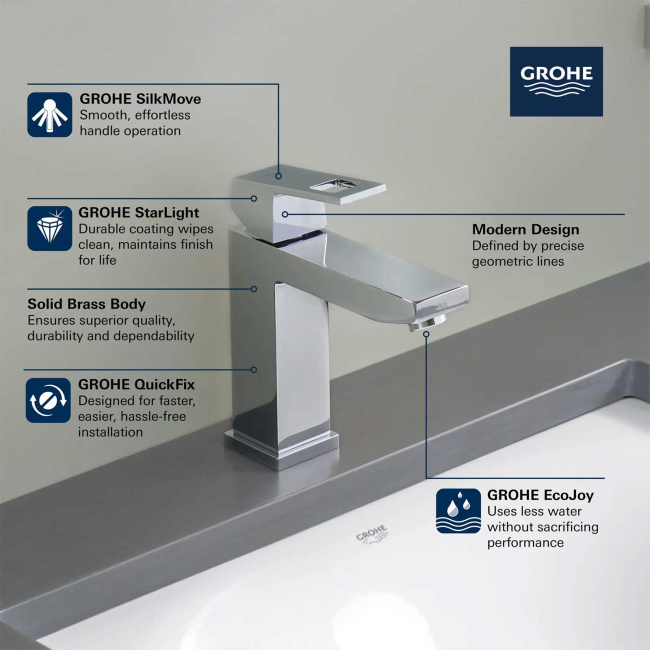 Grohe Eurocube 1.2 GPM Single Hole Bathroom Faucet with SilkMove, StarLight, EcoJoy, and QuickFix Technologies - Includes Drain Assembly