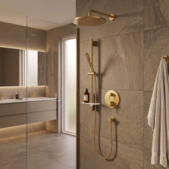 Grohe Timeless 29430GN0 2-Handle Pressure Balance Rainshower Bundle With Handshower And Headshower Brushed Cool Sunrise