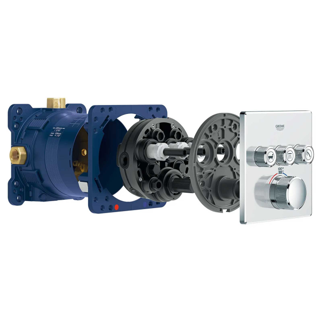 Grohe Grohtherm Three Function Thermostatic Valve Trim Only with Four Knob / Push Button Handles, Integrated Diverter, and Volume Control - Less Rough In