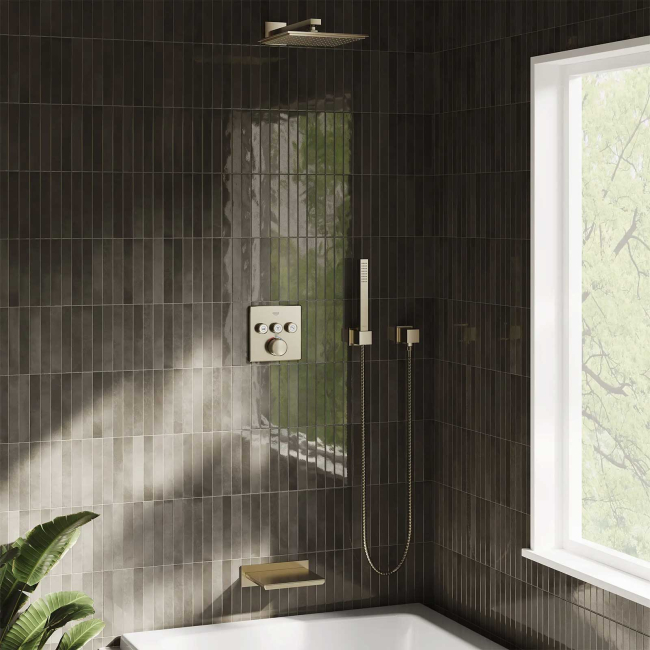 Grohe Grohtherm Three Function Thermostatic Valve Trim Only with Four Knob / Push Button Handles, Integrated Diverter, and Volume Control - Less Rough In