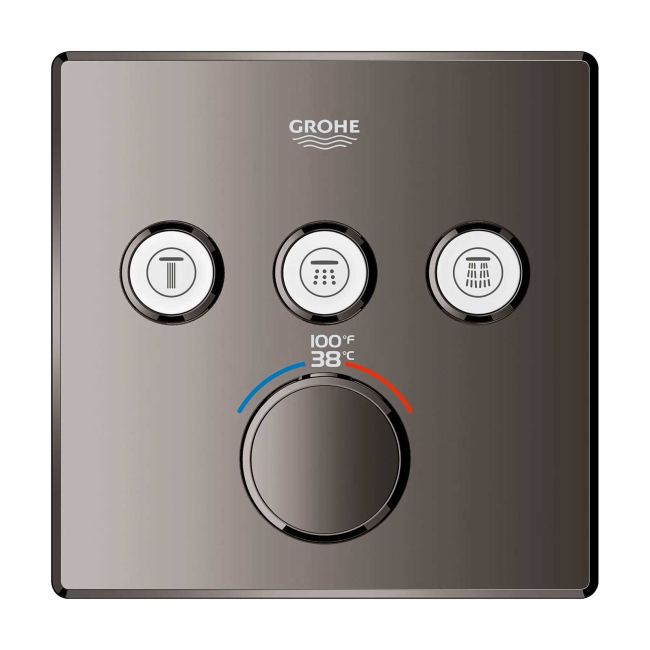 Grohe Grohtherm Three Function Thermostatic Valve Trim Only with Four Knob / Push Button Handles, Integrated Diverter, and Volume Control - Less Rough In
