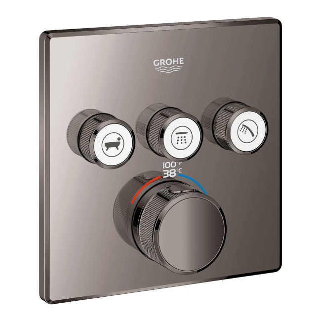Grohe Grohtherm Three Function Thermostatic Valve Trim Only with Four Knob / Push Button Handles, Integrated Diverter, and Volume Control - Less Rough In