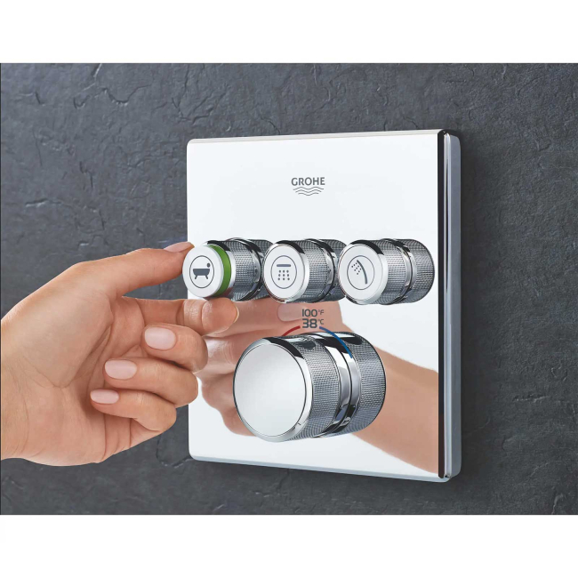 Grohe Grohtherm Three Function Thermostatic Valve Trim Only with Four Knob / Push Button Handles, Integrated Diverter, and Volume Control - Less Rough In