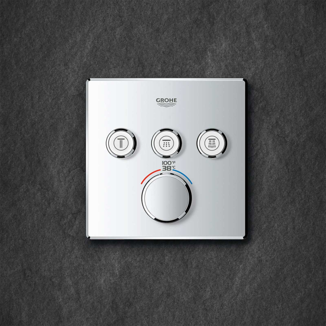 Grohe Grohtherm Three Function Thermostatic Valve Trim Only with Four Knob / Push Button Handles, Integrated Diverter, and Volume Control - Less Rough In