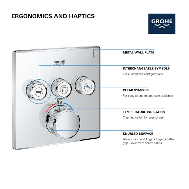 Grohe Grohtherm Three Function Thermostatic Valve Trim Only with Four Knob / Push Button Handles, Integrated Diverter, and Volume Control - Less Rough In