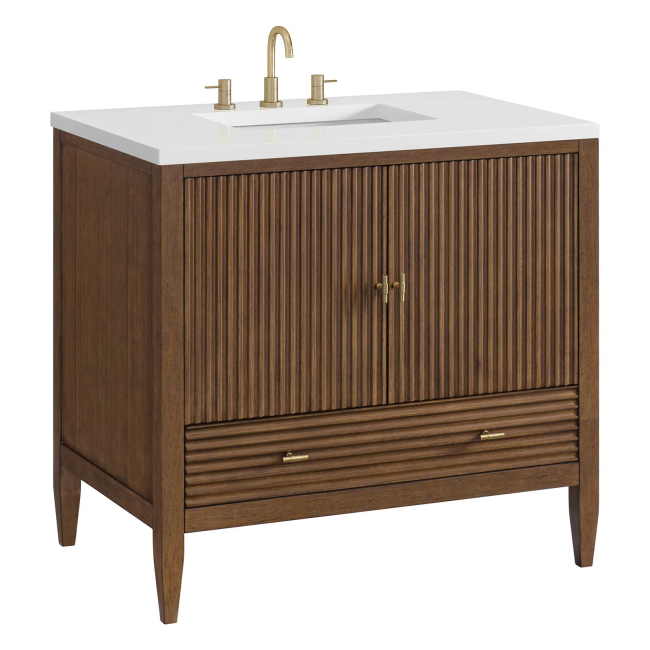 James Martin Vanities Myrrin 36" Single Basin Wood Vanity Set with 3cm White Zeus Silestone Quartz Vanity Top, Rectangular Sink and Electrical Outlet - 8" Faucet Centers