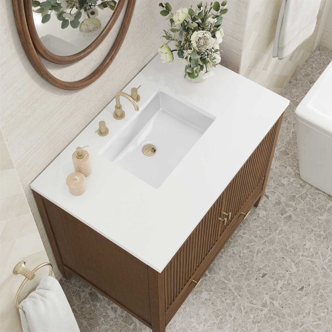 James Martin Vanities Myrrin 36" Single Basin Wood Vanity Set with 3cm White Zeus Silestone Quartz Vanity Top, Rectangular Sink and Electrical Outlet - 8" Faucet Centers