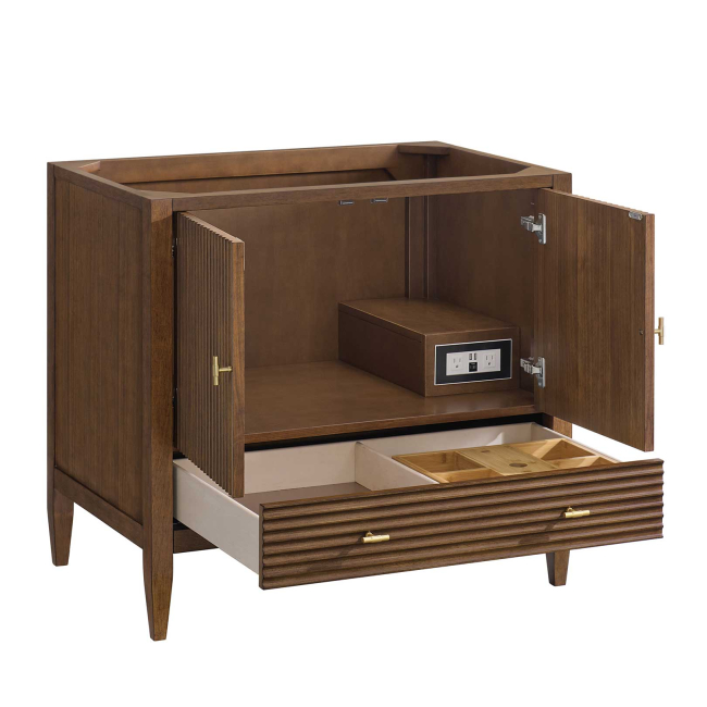 James Martin Vanities Myrrin 36" Single Basin Wood Vanity Set with 3cm White Zeus Silestone Quartz Vanity Top, Rectangular Sink and Electrical Outlet - 8" Faucet Centers