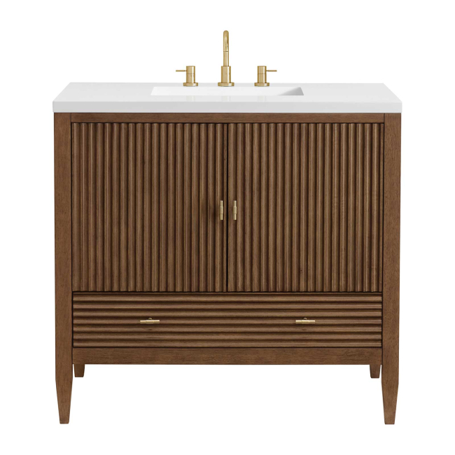 James Martin Vanities Myrrin 36" Single Basin Wood Vanity Set with 3cm White Zeus Silestone Quartz Vanity Top, Rectangular Sink and Electrical Outlet - 8" Faucet Centers