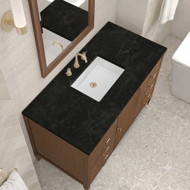 James Martin Vanities Myrrin 48 in. Free Standing Single Basin Hardwood Vanity Set with Solid Surface Top, Rectangular Sink, USB Port(s), and Electrical Outlet(s)