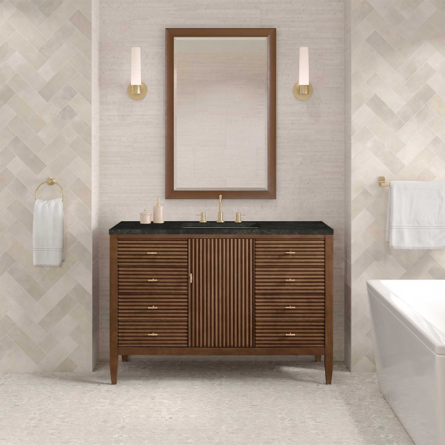 James Martin Vanities Myrrin 48 in. Free Standing Single Basin Hardwood Vanity Set with Solid Surface Top, Rectangular Sink, USB Port(s), and Electrical Outlet(s)