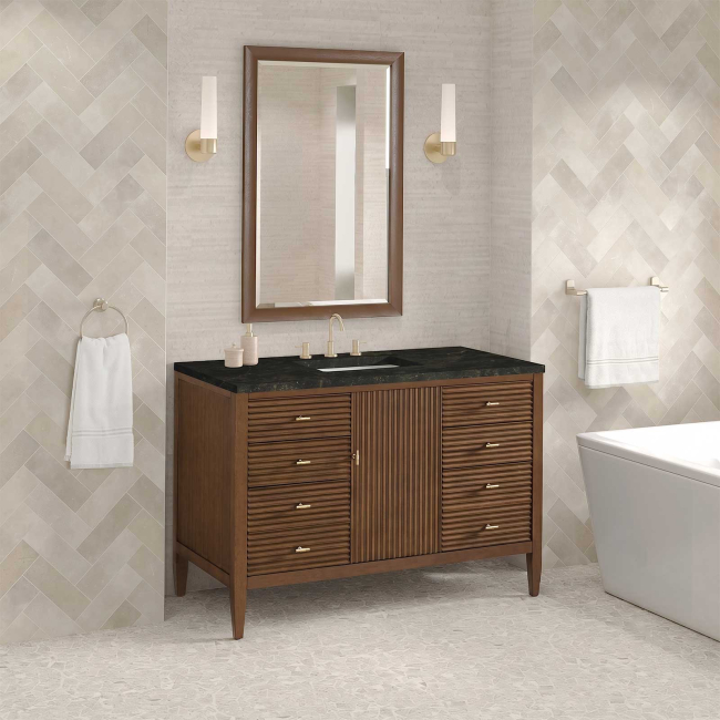 James Martin Vanities Myrrin 48 in. Free Standing Single Basin Hardwood Vanity Set with Solid Surface Top, Rectangular Sink, USB Port(s), and Electrical Outlet(s)
