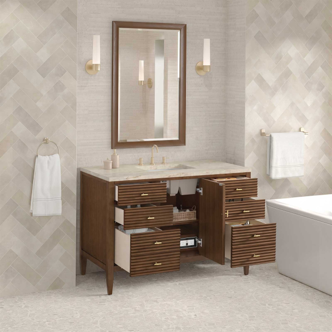 James Martin Vanities Myrrin 48 Inch Free Standing Single Basin Hardwood Vanity Set with Solid Surface Top, Rectangular Sink, USB Port(s), and Electrical Outlet(s)