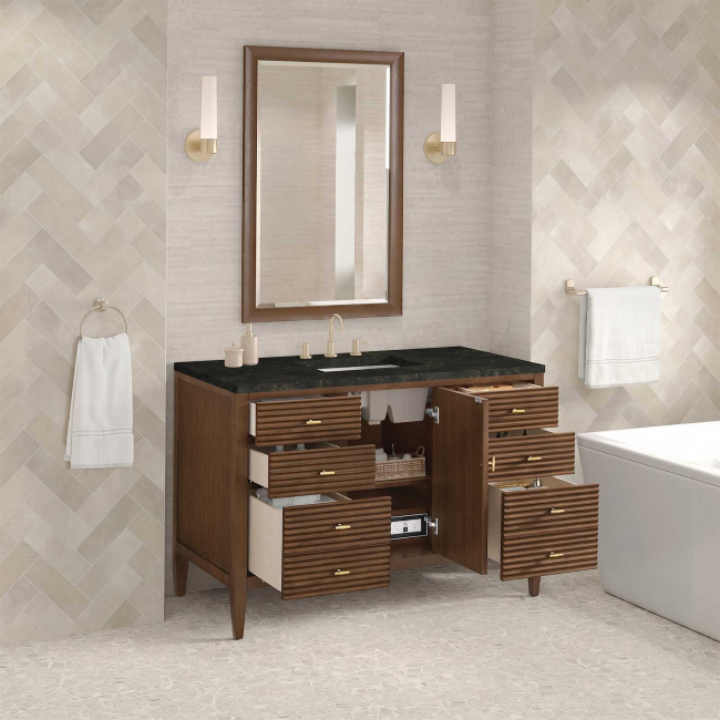 James Martin Vanities Myrrin 48 in. Free Standing Single Basin Hardwood Vanity Set with Solid Surface Top, Rectangular Sink, USB Port(s), and Electrical Outlet(s)