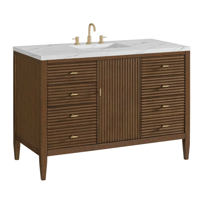 James Martin Vanities Myrrin 48" Single Basin Wood Vanity Set with 3cm Ethereal Noctis Silestone Quartz Vanity Top, Rectangular Sink and Outlet - 8" Faucet Centers