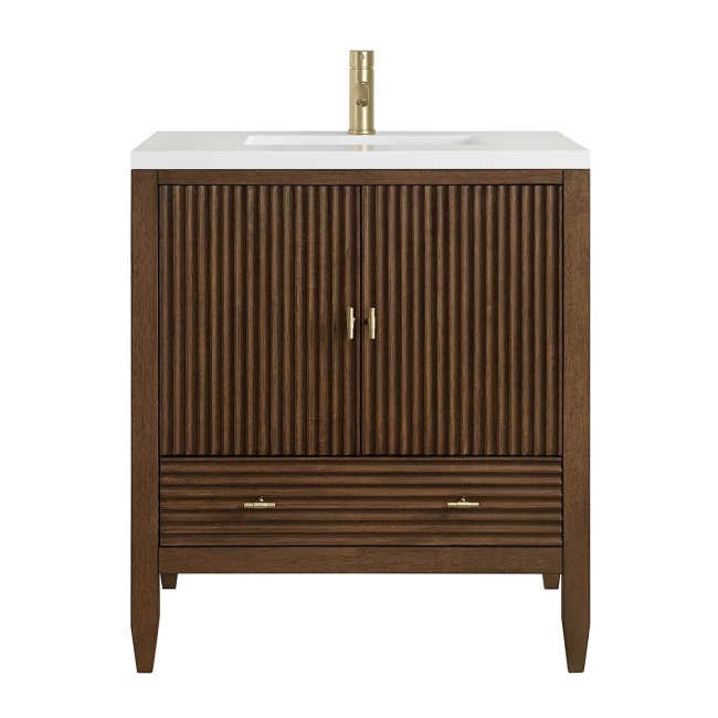 James Martin Vanities Myrrin 30" Free Standing Single Basin Hardwood Vanity Set with Stone Composite Top, Rectangular Sink, USB Port(s), and Electrical Outlet(s)