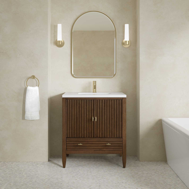 James Martin Vanities Myrrin 30" Free Standing Single Basin Hardwood Vanity Set with Stone Composite Top, Rectangular Sink, USB Port(s), and Electrical Outlet(s)