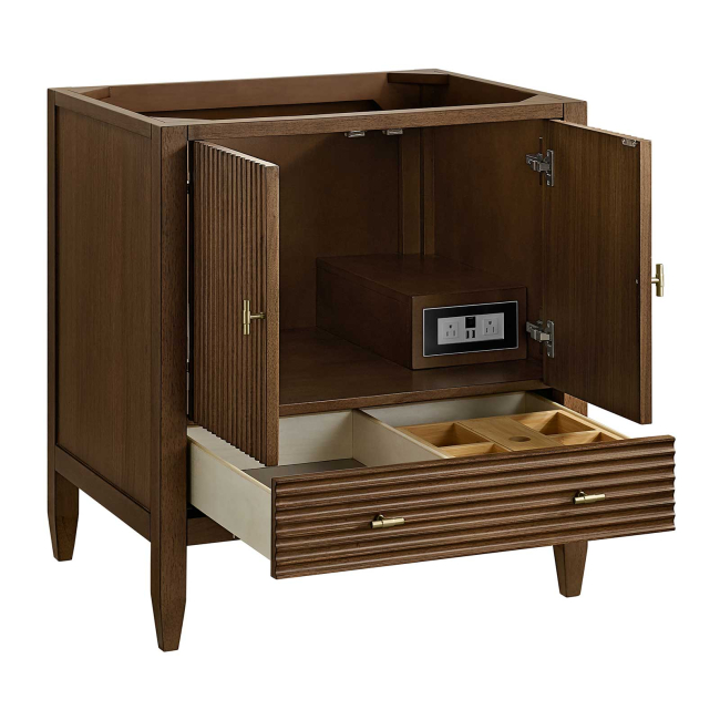 James Martin Vanities Myrrin 30" Free Standing Single Basin Hardwood Vanity Set with Stone Composite Top, Rectangular Sink, USB Port(s), and Electrical Outlet(s)