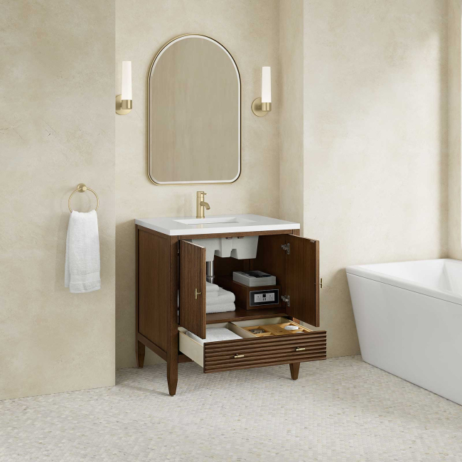 James Martin Vanities Myrrin 30" Free Standing Single Basin Hardwood Vanity Set with Stone Composite Top, Rectangular Sink, USB Port(s), and Electrical Outlet(s)