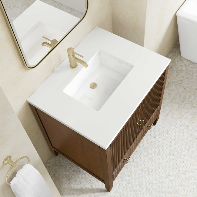 James Martin Vanities Myrrin 30" Free Standing Single Basin Hardwood Vanity Set with Stone Composite Top, Rectangular Sink, USB Port(s), and Electrical Outlet(s)