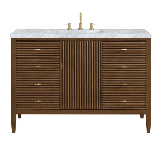 James Martin Vanities Myrrin 48" Single Basin Wood Vanity Set with 3cm Carrara White Marble Vanity Top, Rectangular Sink, USB Port and Electrical Outlet - 8" Faucet Centers
