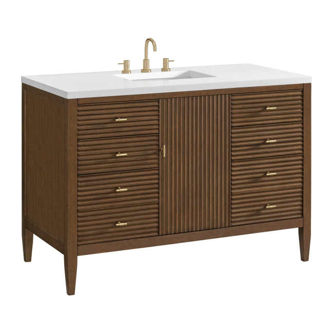 James Martin Vanities Myrrin 48" Single Basin Wood Vanity Set with 3cm White Zeus Silestone Quartz Vanity Top, Rectangular Sink and Electrical Outlet - 8" Faucet Centers