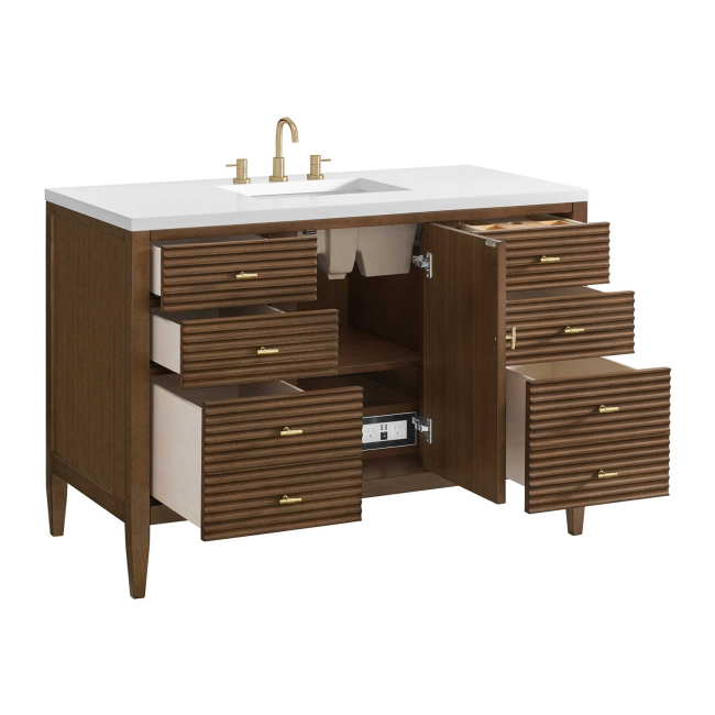 James Martin Vanities Myrrin 48" Single Basin Wood Vanity Set with 3cm White Zeus Silestone Quartz Vanity Top, Rectangular Sink and Electrical Outlet - 8" Faucet Centers