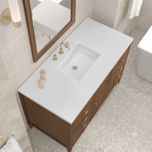 James Martin Vanities Myrrin 48" Single Basin Wood Vanity Set with 3cm White Zeus Silestone Quartz Vanity Top, Rectangular Sink and Electrical Outlet - 8" Faucet Centers