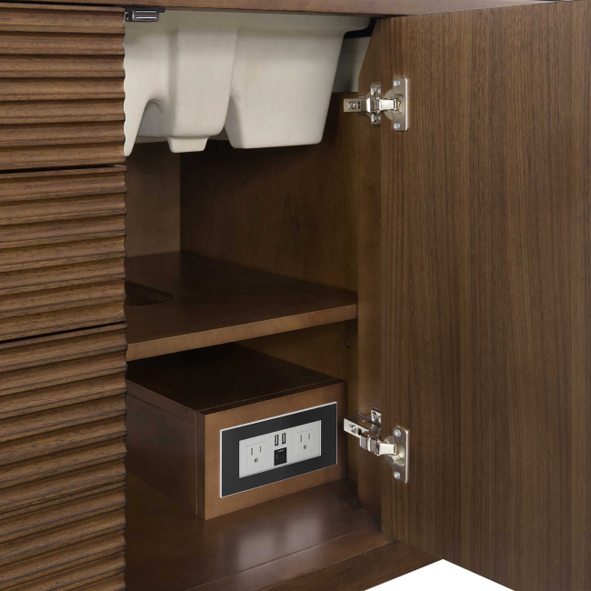 Includes Eternal Jasmine Pearl quartz vanity top and rectangular sink (may not be pictured on main image)

Included Components:

Covered under James Martin Vanities' 1 year limited warranty
Ash, poplar and walnut vanity cabinet with 1 door, 6 drawers and 1 shelf
Silestone quartz vanity top with 1 rectangular porcelain sink
Cabinet Features:

Constructed with a solid wood frame and plywood panels
One 120-volt UL rated electric outlet with USB ports and bamboo organizer included
Includes one soft-close door that opens to an interior shelf and three full-extension drawers that feature soft-close undermount glides
Toggle style door pulls
The drawer boxes feature English dovetail joinery, and an brushed aluminum laminate drawer liners for easy cleaning
Includes one removable bamboo drawer organizer
Cabinets are sealed with a premium finish for superior moisture and UV resistance
Vanity Top Features:

Vanity set includes a 3cm eased edge Eternal Jasmine Pearl quartz Silestone quartz top
Includes a white porcelain rectangular undermount sink that ships separately and mounting brackets for easy installation
Top is pre-drilled for 8" widespread faucet
Faucet not included
Quartz vanity tops are curated from a 95 percent blend of ground natural quartz with 5 percent polymer resin to create an ultra-durable and low maintenance surface
Quartz requires no sealing and resists staining and corrosion from liquids, including most household cleaning products
Center drain location provides optimal draining capability
Equipped with an overflow to help prevent water overflow and spillage from occurring
Cabinet Specifications:

Cabinet Width: 48" (from left to right)
Cabinet Height: 34-1/16" (from top to bottom)
Cabinet Depth: 23-1/2" (from front to back)
Number of Doors: 1
Number of Drawers: 6
Number of Shelves: 1
Vanity Top Specifications:

Vanity Top Width: 48" (left edge to right edge)
Vanity Top Depth: 23-1/2" (front edge to back edge)
Vanity Top Thickness: 3 cm (1-3/16")
Number of Basins: 1
Number of Faucet Holes: 3
Faucet Centers: 8" (distance between the installation holes for the faucet handles)
