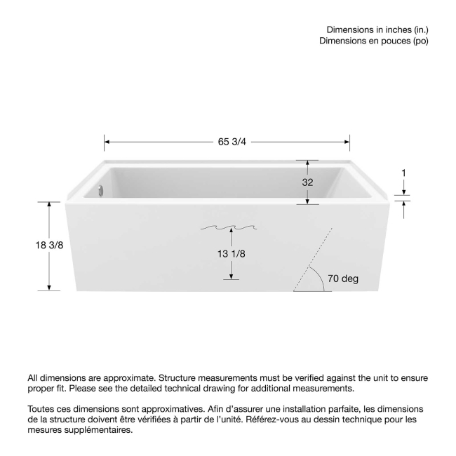 Maax Rubix 6632 Bath Tub 66"L x 32"W x 18"H for Above the Floor Rough with Left Hand Drain