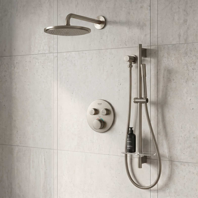 GROHE Grohtherm SmartControl Thermostatic 2 Way Shower System with   Shower Head, Hand Shower, Shower Arm, Wall Supply Elbow, Valve Trim, and Rough in Brushed Nickel