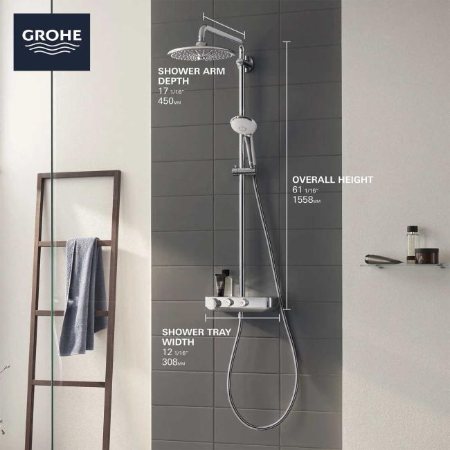 Grohe Euphoria SmartControl Thermostatic Shower System with Slide Bar, Hose, and Valve Trim - Less Hand Shower and Shower Head 26511000