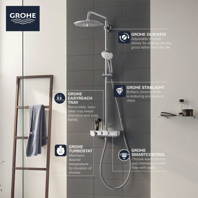 Grohe Euphoria SmartControl Thermostatic Shower System with Slide Bar, Hose, and Valve Trim - Less Hand Shower and Shower Head 26511000