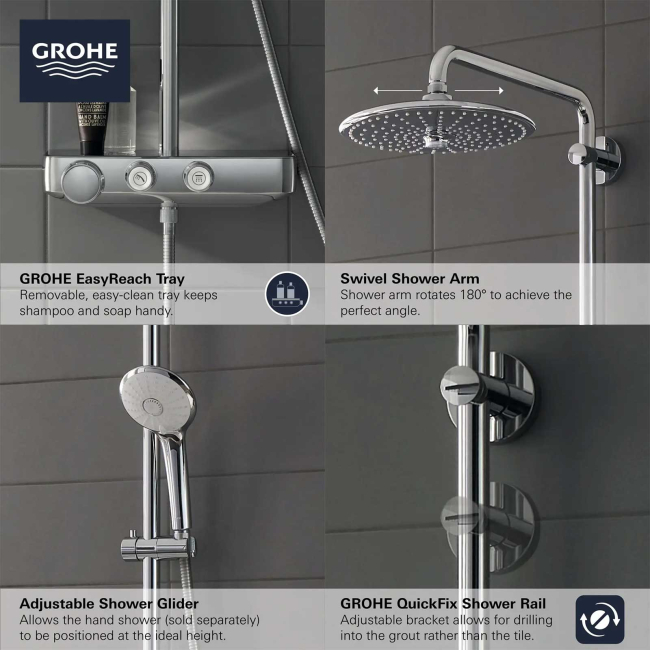 Grohe Euphoria SmartControl Thermostatic Shower System with Slide Bar, Hose, and Valve Trim - Less Hand Shower and Shower Head 26511000