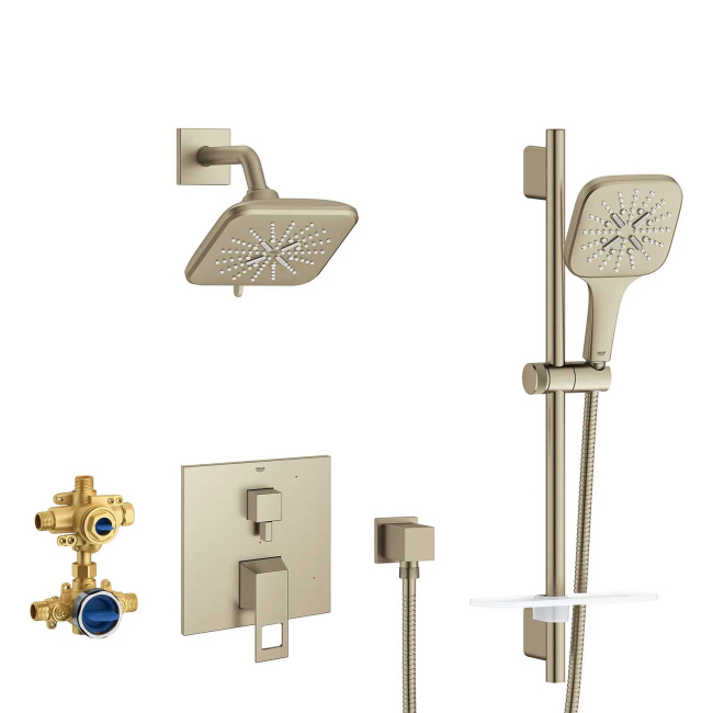 Grohe Eurocube Pressure Balanced Shower System with Shower Head, Hand Shower, Slide Bar, Shower Arm, and Valve Trim 29433EN0