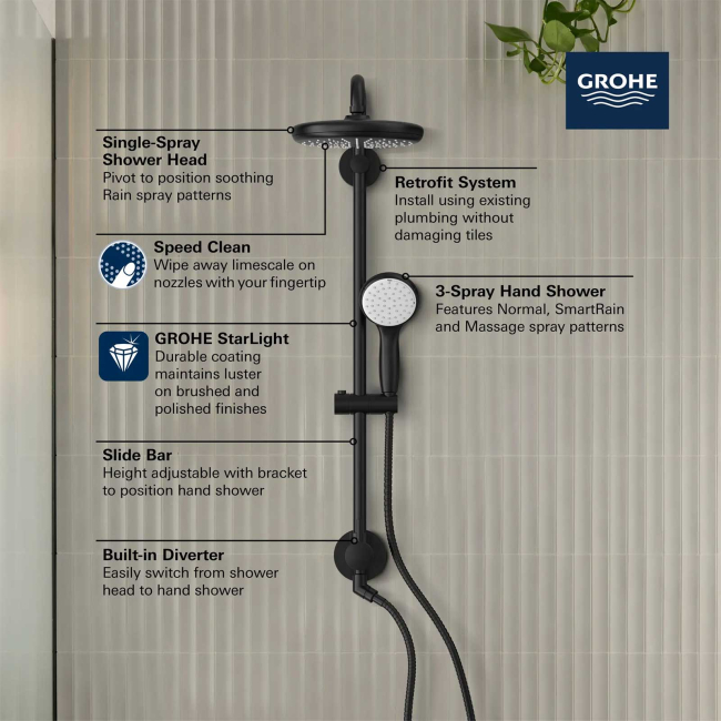 Grohe Retro-Fit 1.75 GPM Shower System with Single Function Rain Shower Head, Slide Bar, Multi Function Hand Shower, and 17-3/4" Swivel Shower Arm 26123001Grohe Retro-Fit 1.75 GPM Shower System with Single Function Rain Shower Head, Slide Bar, Multi Function Hand Shower, and 17-3/4" Swivel Shower Arm 26123001